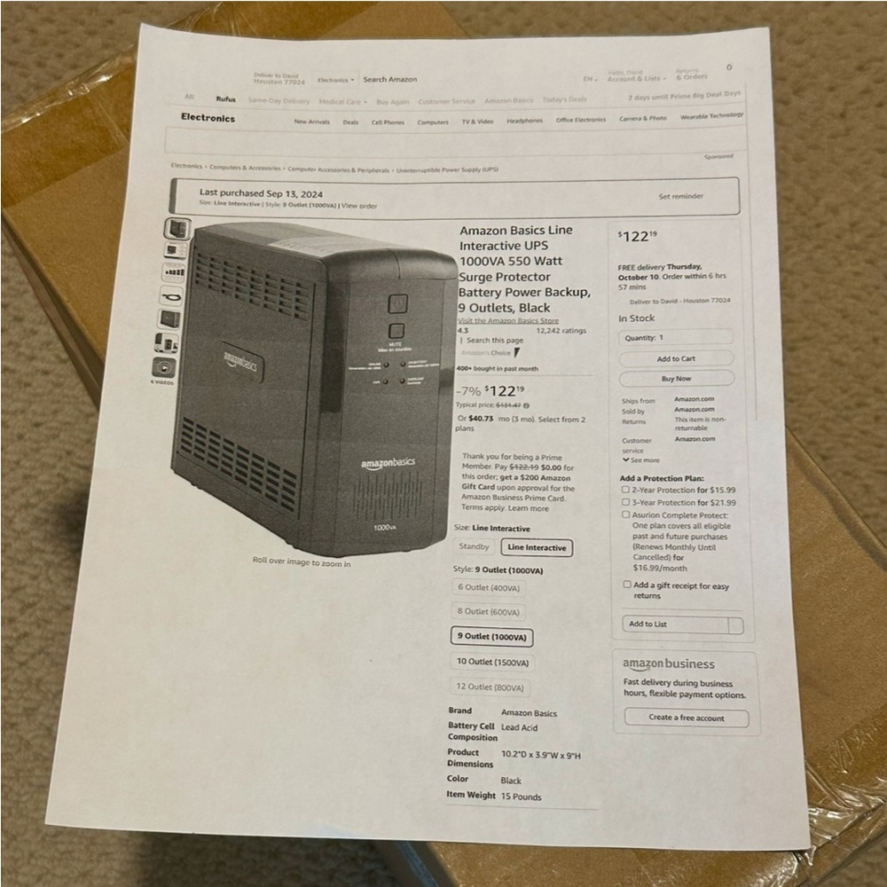 Amazon Basics Line
Surge Protector
Battery Power Backup,
9 Outlets, Black